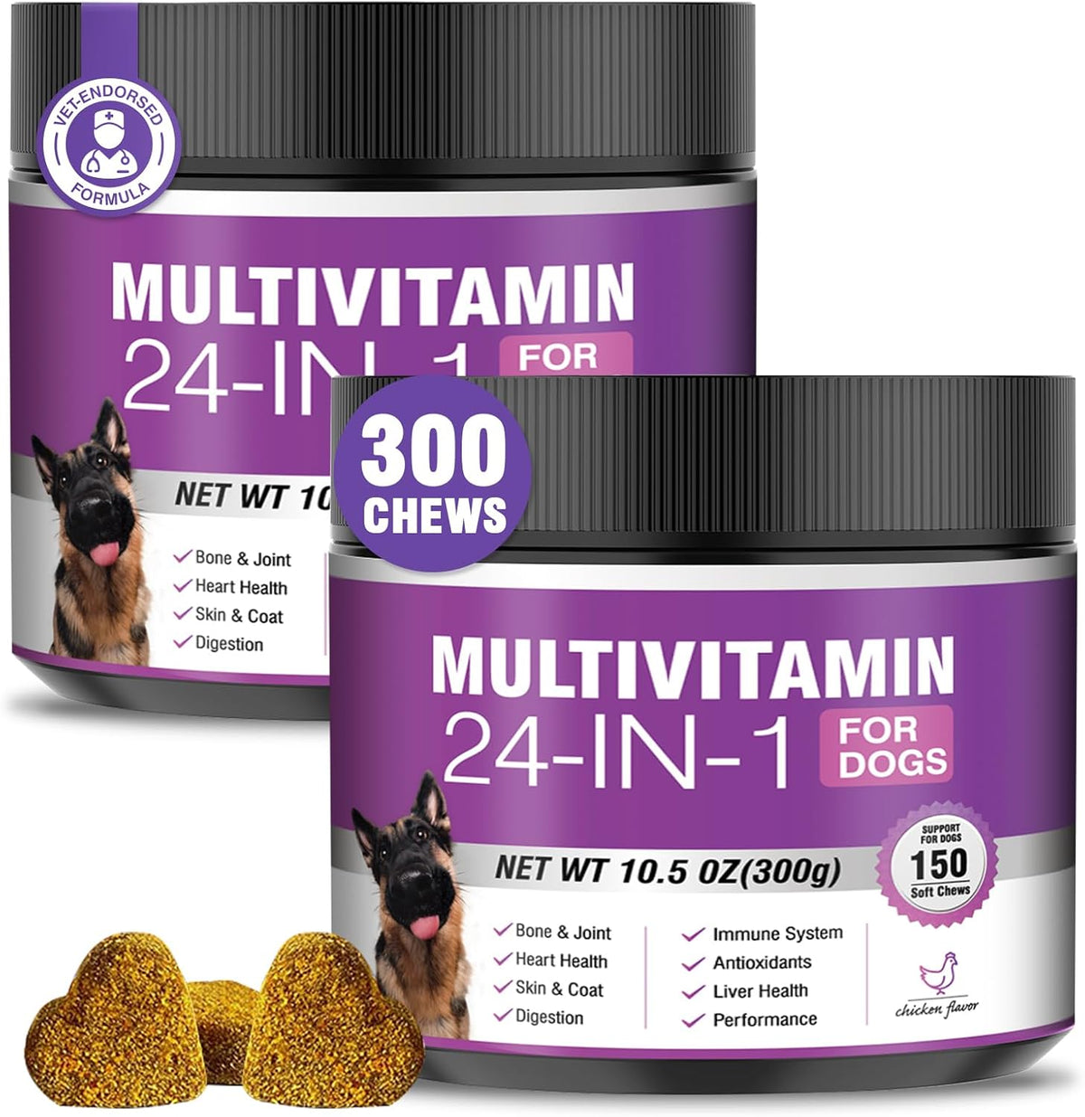 24-in-1 Dog Vitamins and Supplements 200 Ct Dogs Multivitamin Chewable Contain Chondroitin Probiotics Omega-3 Glucosamine for Dogs Skin Coat Heart Joint Gut Liver Brain Immune Support - Peanut Butter