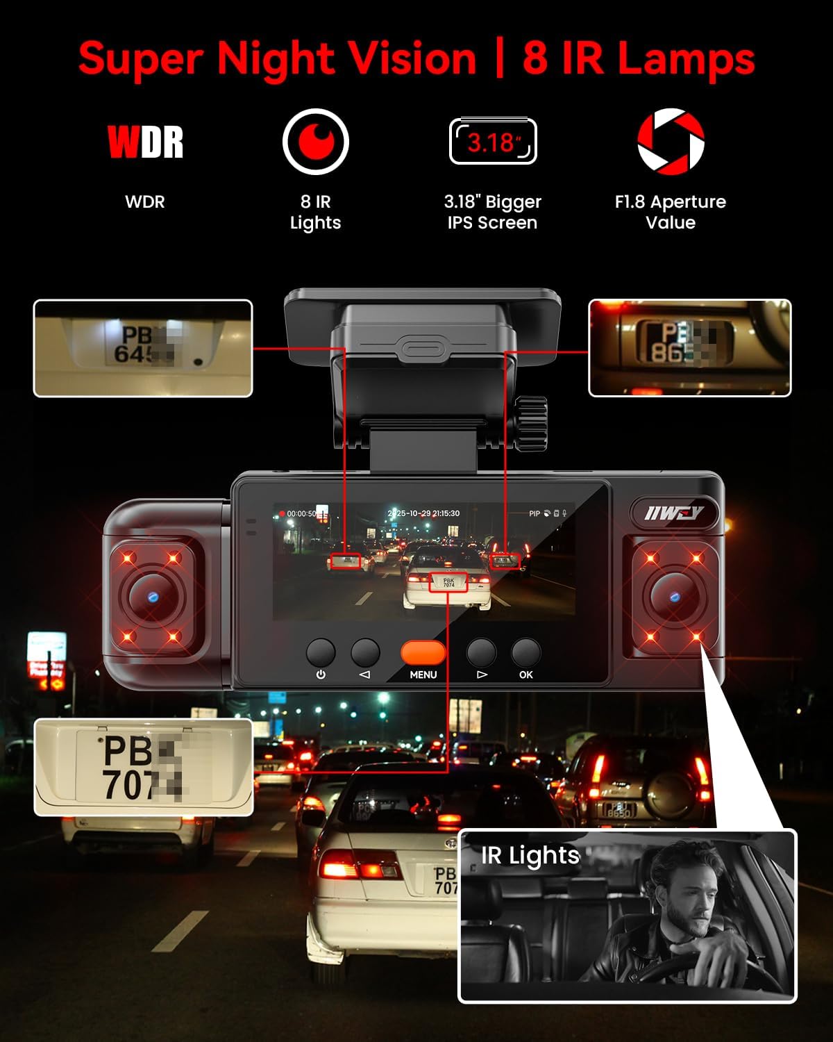 IIWEY N6 360° Dash Cam 4 Channel, Free 128GB Card, 8 IR Lights Night Vision