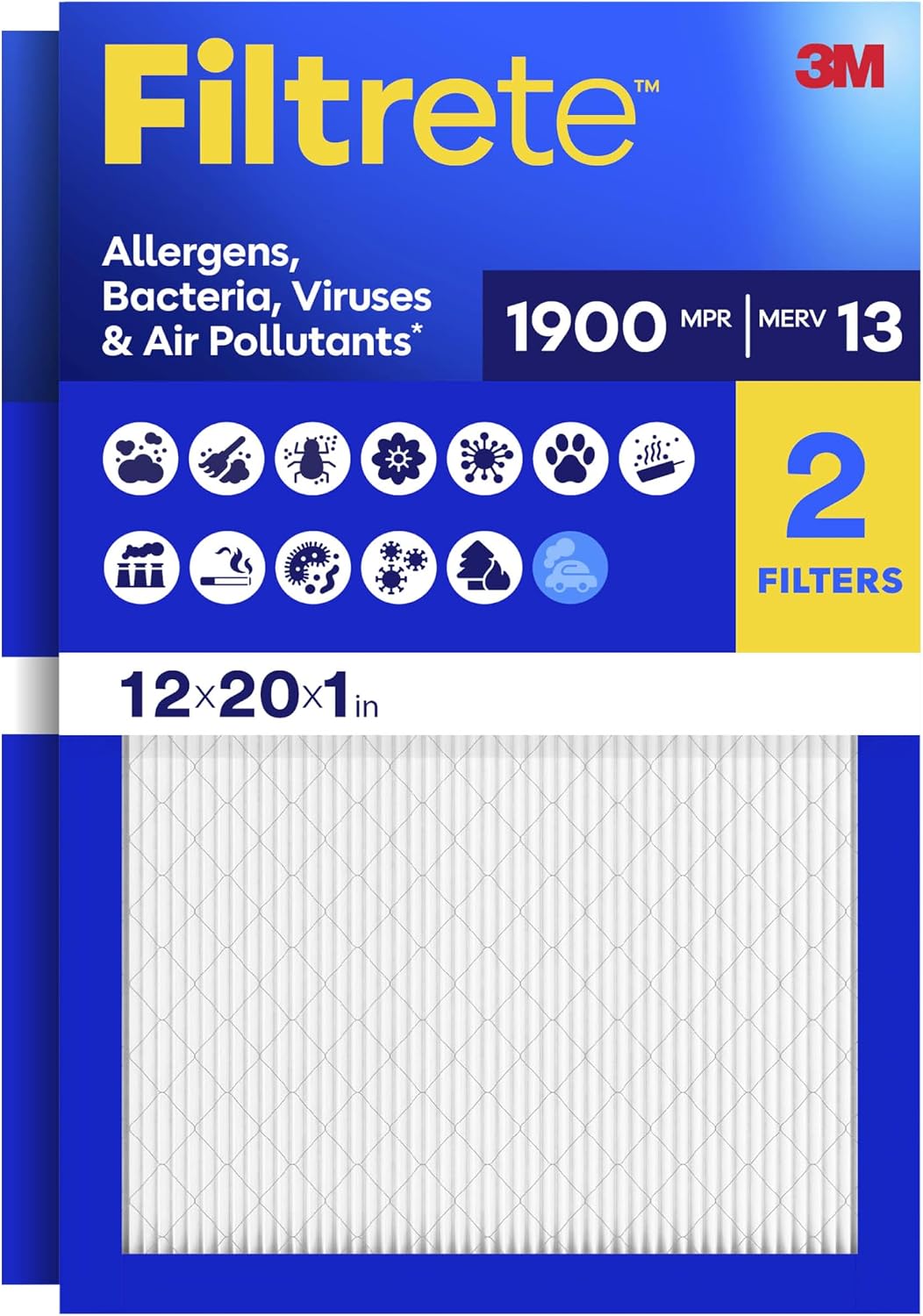 Filtrete 16x25x1 Air Filter, MERV 13 MPR 1900, Allergens, Bacteria, Viruses & Air Pollutants, 3-Month AC/Furnace Filters, Cleaner Air Reliable Airflow, 2 HVAC Filters(Act Size 15.62x24.62x0.78 in)
