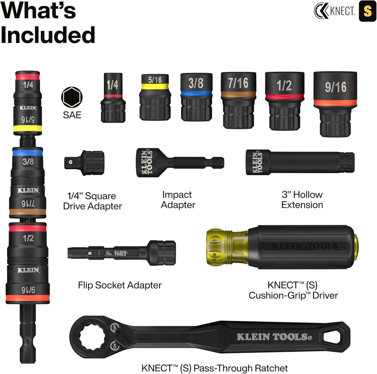 Klein Tools 65301KNECT Impact Socket Set, KNECT (S) 23-Piece SAE Pass-Through and Flip Socket Tool Set, Impact Driver Adapter, MODbox Tool Organization