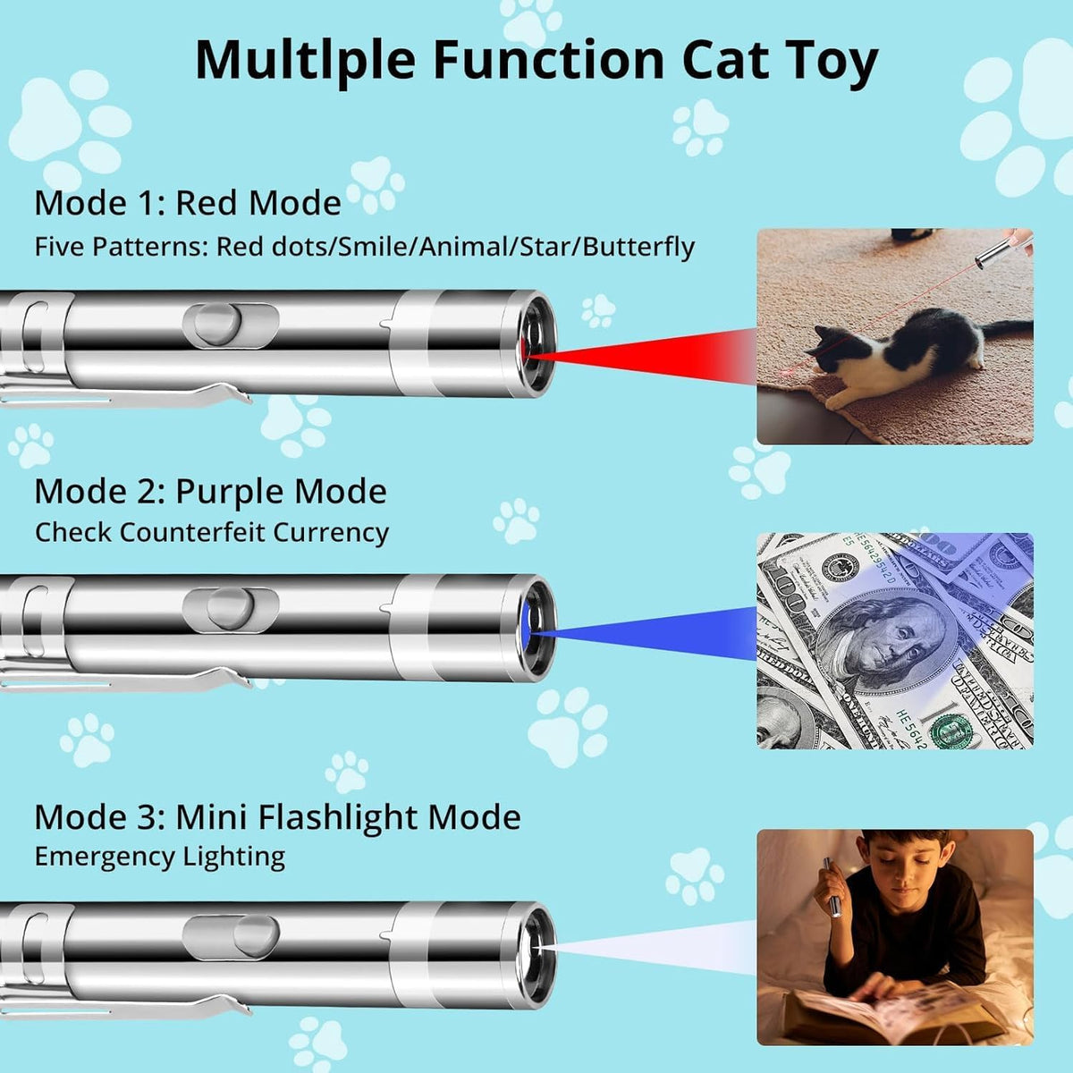 Waputne Cat Toy, USB Rechargeable, 3 Light Modes, 5 Fun Patterns, Indoor