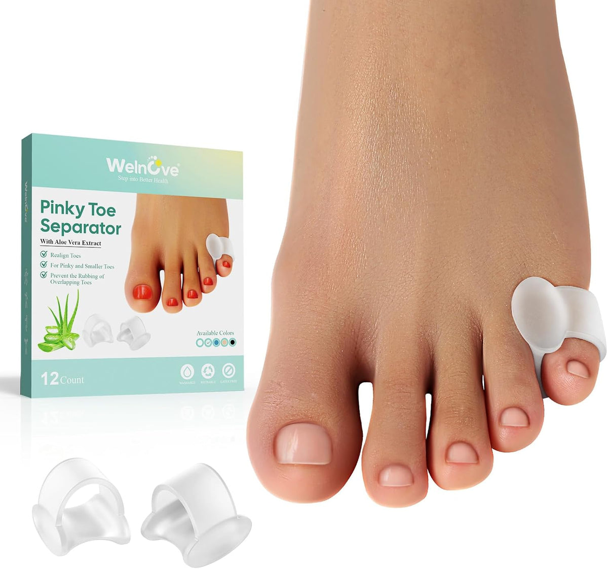 Welnove Gel Toe Separator, Pinky Toe Spacers, Little Toe Cushions, Small Toe Sleeves for Preventing Rubbing & Reducing Pressure (Pack of 12, Transparent)