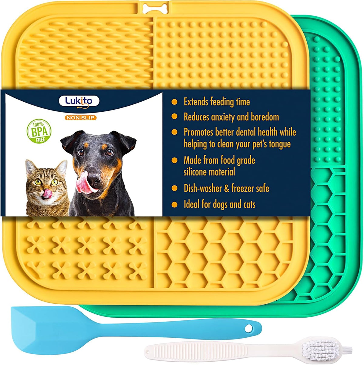 LUKITO Lick Mat for Dogs & Cats 2 Pack, Slow Feeder Licking Pad with Suction Cups for for Anxiety Relief and Boredom Reducer, Perfect for Bathing Grooming