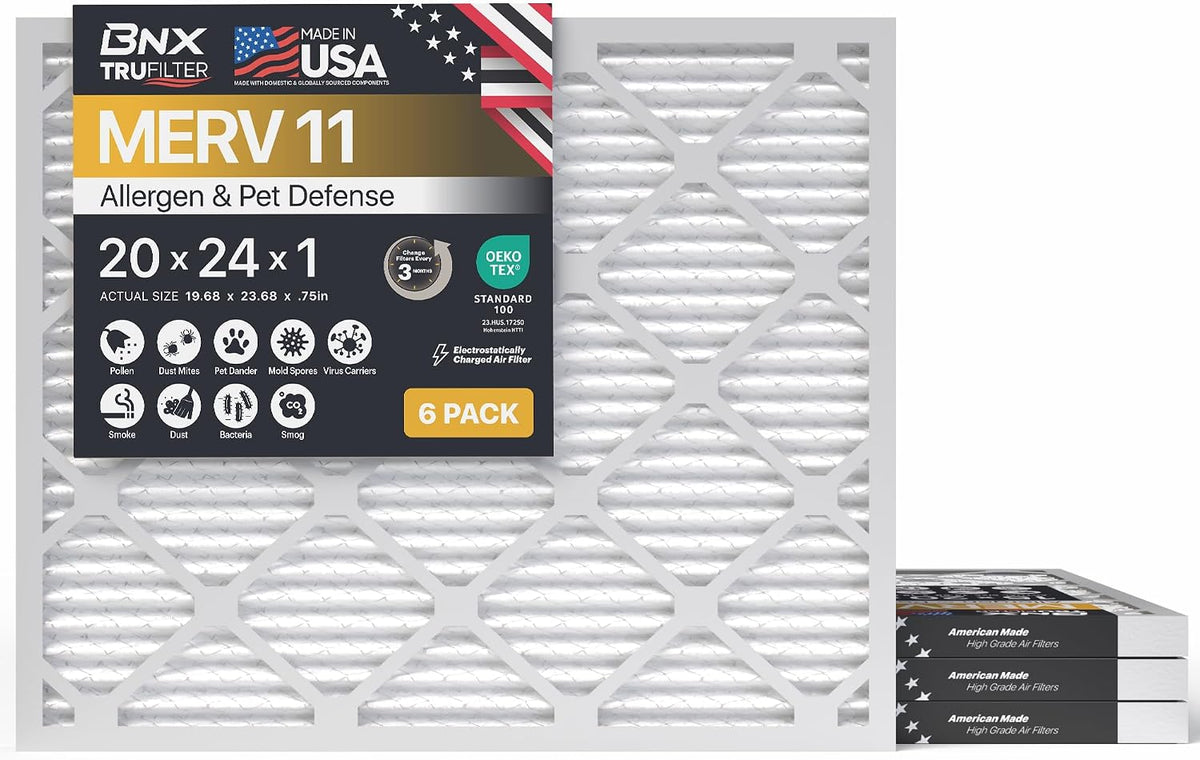 BNX TruFilter 20x20x1 Air Filter MERV 11 (6-Pack) - MADE IN USA - Allergen Defense Electrostatic Pleated Air Conditioner HVAC AC Furnace Filters for Allergies, Dust, Pet, Smoke, Allergy MPR 1200 FPR 7