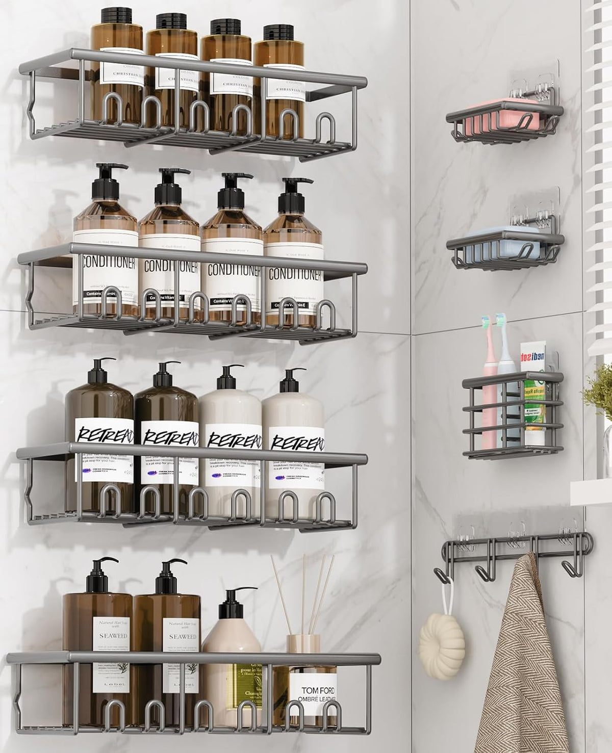 8 Pack Adhesive Large Capacity No-Drilling Shower Caddy, Black