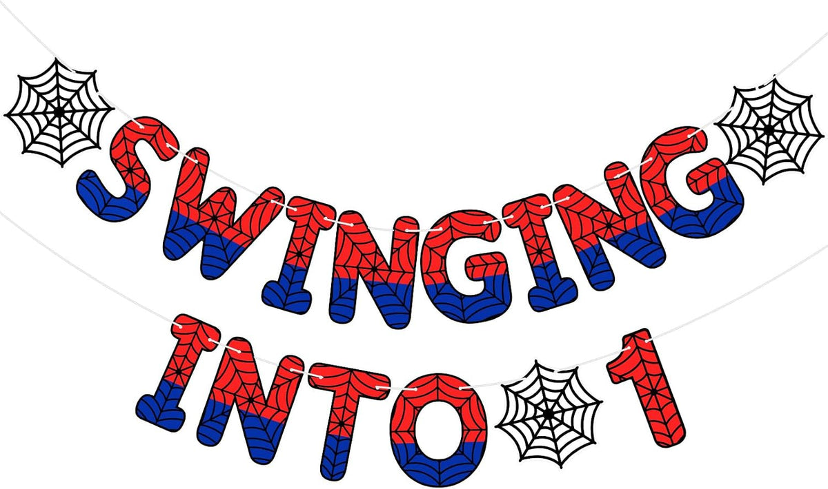 TaoBary Spider Theme 4th Birthday Banner Swinging into 4,Red and Blue