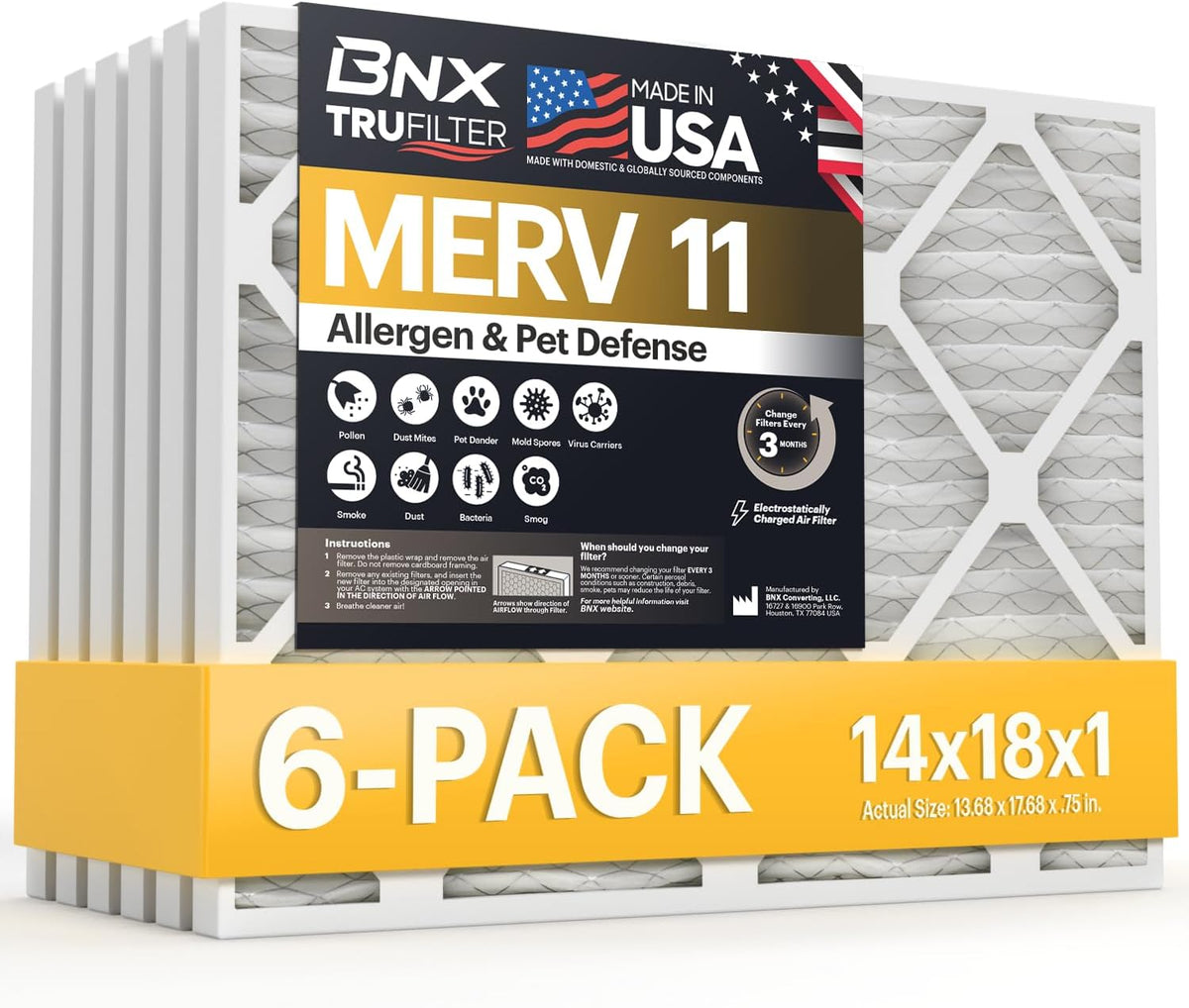 BNX TruFilter 20x20x1 Air Filter MERV 11 (6-Pack) - MADE IN USA - Allergen Defense Electrostatic Pleated Air Conditioner HVAC AC Furnace Filters for Allergies, Dust, Pet, Smoke, Allergy MPR 1200 FPR 7