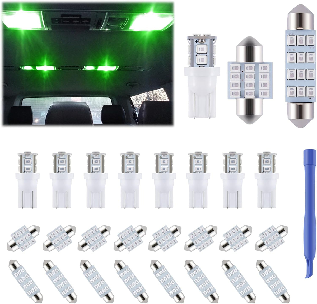 iFunyLED 24 Pieces Dome Light LED Car Interior Bulb Kit Set 194 T10 DE3175 578 31mm 42mm Bulbs Interior Replacement Lights for Car Map License Plate Door Side Marker Cornering Trunk Light - White