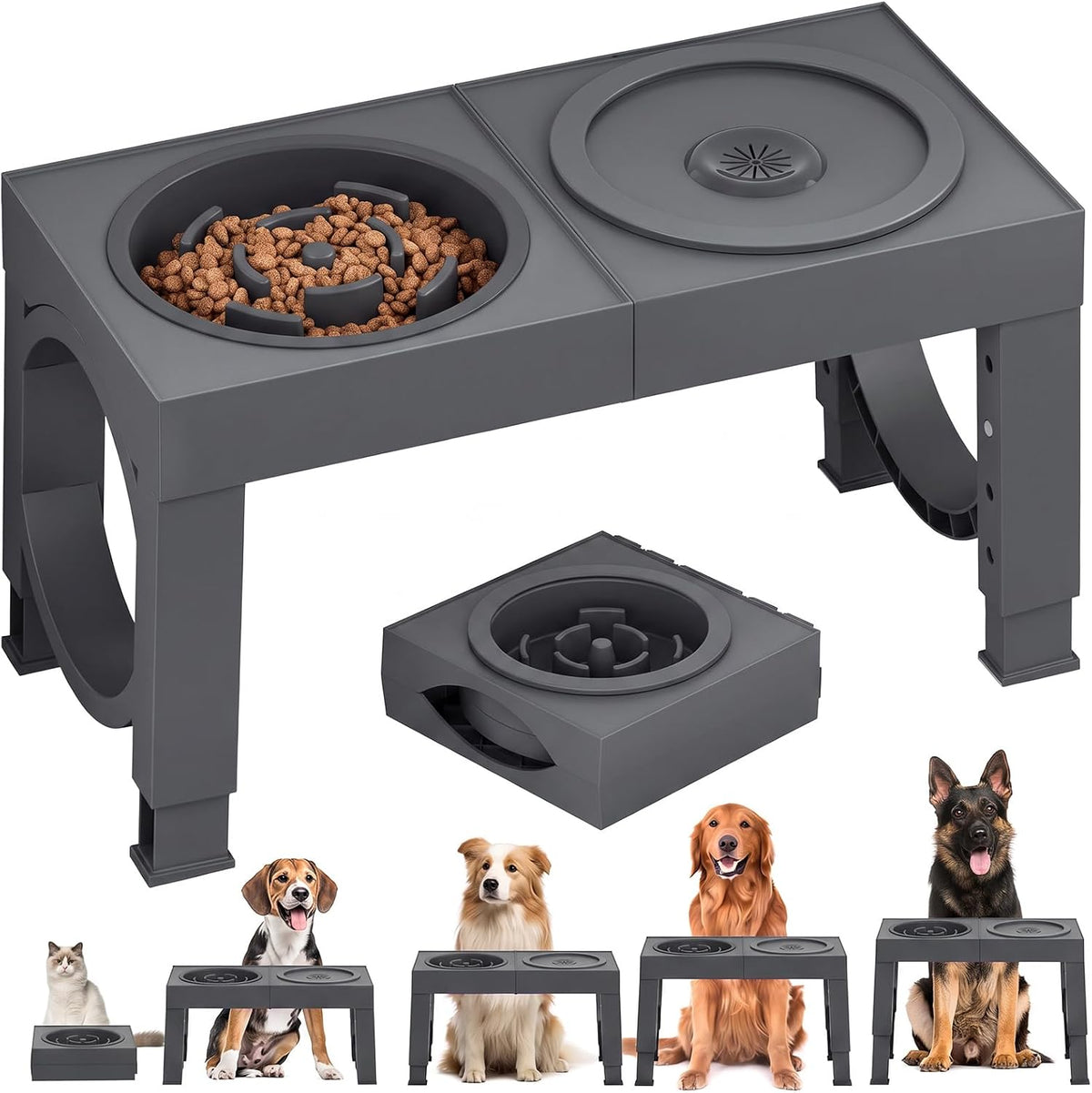 XIAZ Elevated Dog Bowls Large Breed Raised Dogs Bowl Stand Large/Medium Sized Dog Stainless Steel Food Water Bowl Stands 5 Heights Adjustable 9/11/12/14in Black Pet Feeder Dish Station