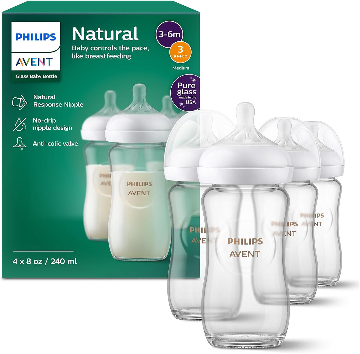 Philips Avent Natural Glass Baby Bottles, Slow Flow, 4 oz, BPA-Free, 4-Pack