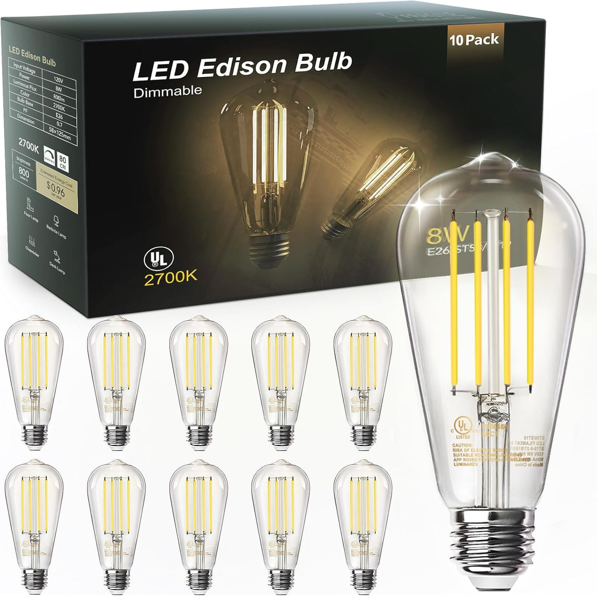 TJOY LED Edison Light Bulbs, E26 Dimmable Vintage Bulb, 8W = 60W Equivalent