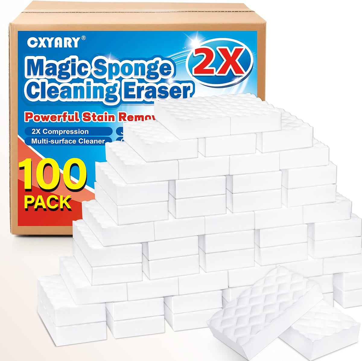 100Pack 2X Magic Sponges Cleaning Eraser, Density Stronger Melamine Sponge