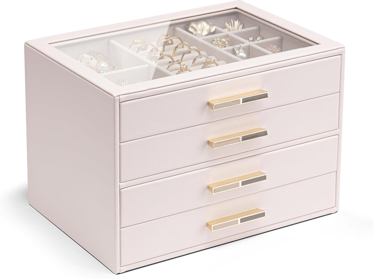 VLANDO Jewelry Box Organizer, 3-Layer Storage Drawers, Glass Window, Modern