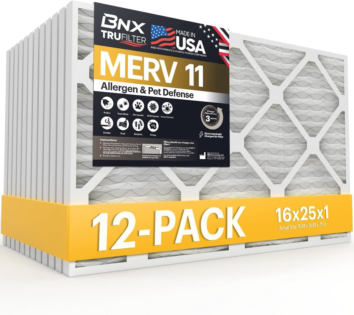 BNX TruFilter 20x20x1 Air Filter MERV 11 (6-Pack) - MADE IN USA - Allergen Defense Electrostatic Pleated Air Conditioner HVAC AC Furnace Filters for Allergies, Dust, Pet, Smoke, Allergy MPR 1200 FPR 7