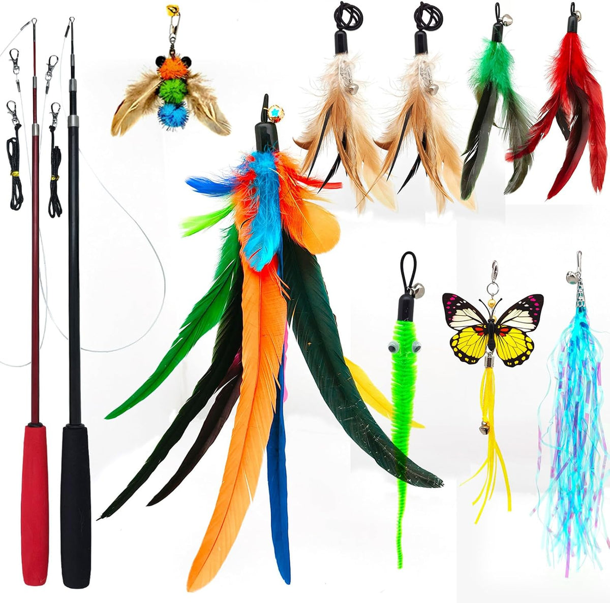 miwoowim 2PCS Retractable Cat Teaser Wands & 9PCS Feather Refills Toy Set