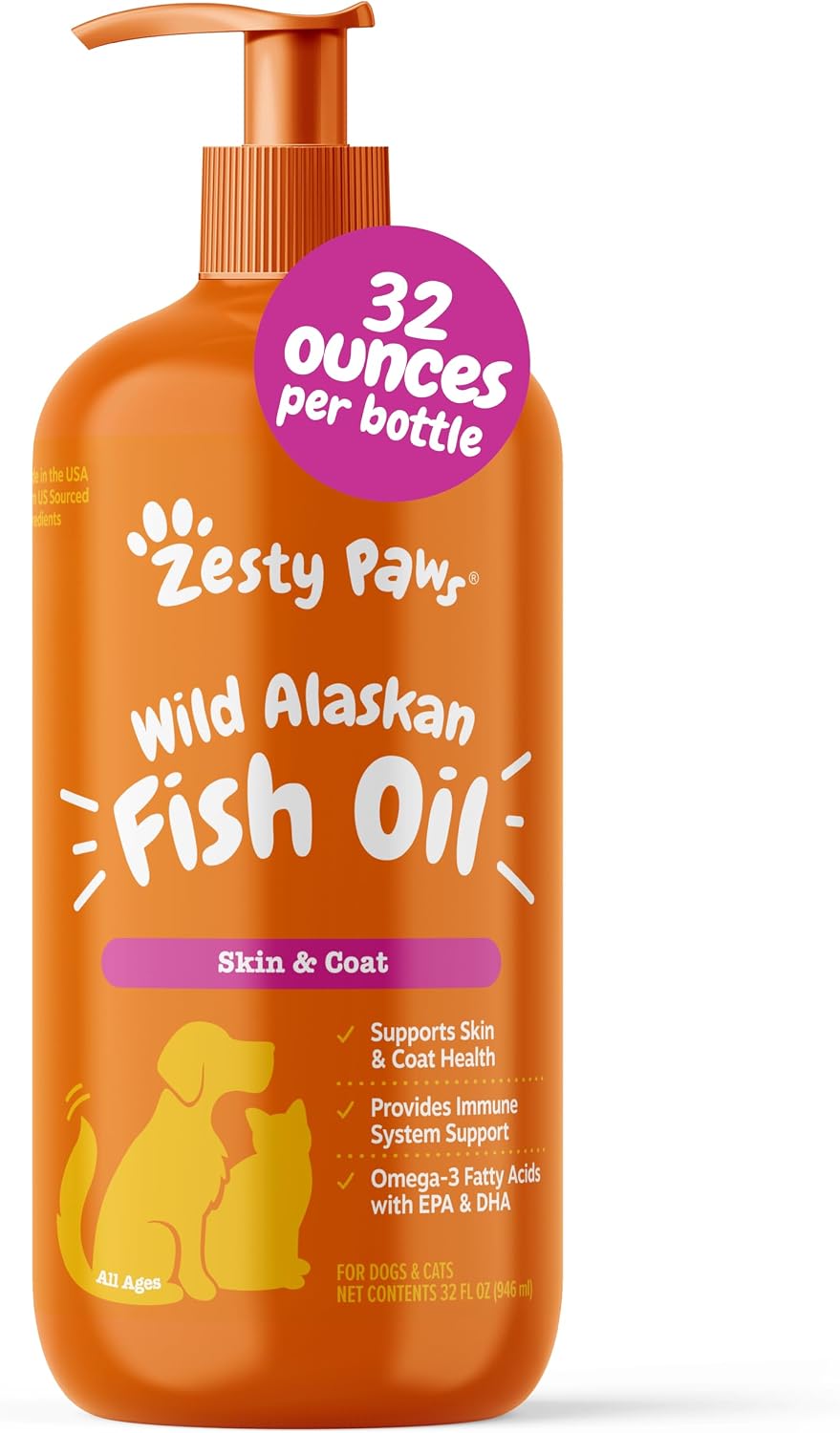 Zesty Paws Fish Oil for Dogs & Cats - Omega 3 for Dogs, 32 oz