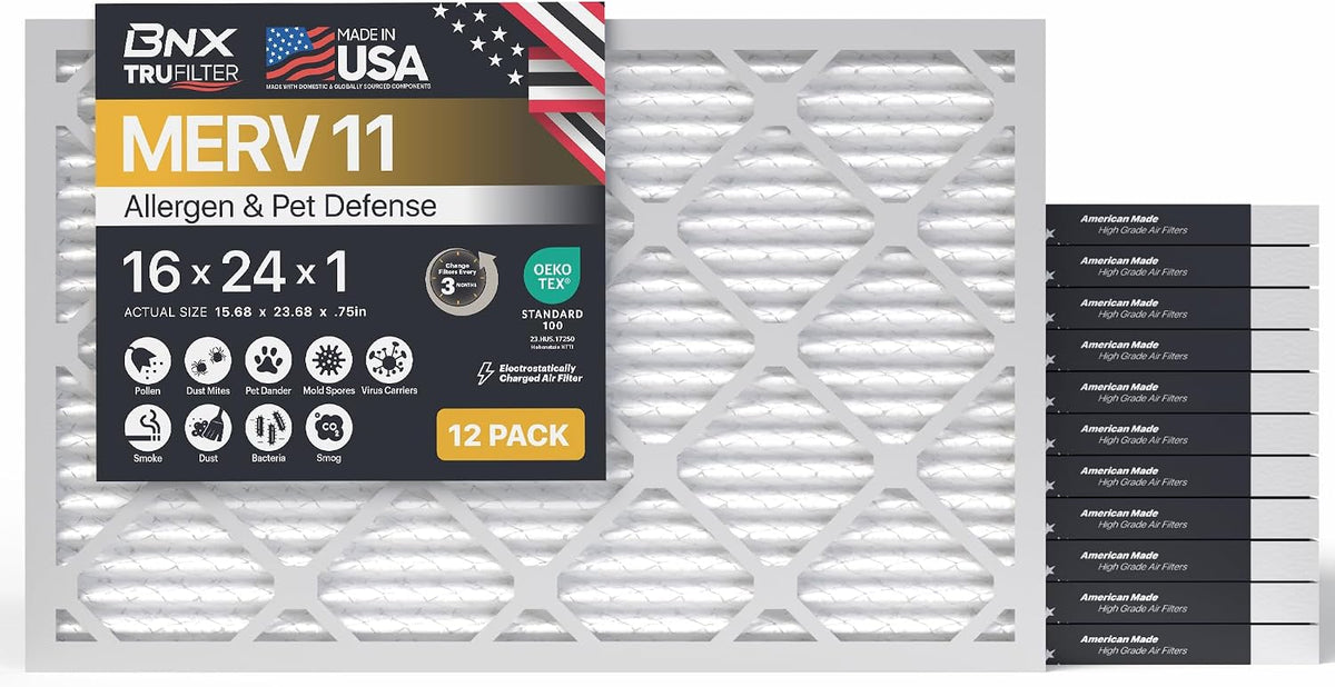 BNX TruFilter 20x20x1 Air Filter MERV 11 (6-Pack) - MADE IN USA - Allergen Defense Electrostatic Pleated Air Conditioner HVAC AC Furnace Filters for Allergies, Dust, Pet, Smoke, Allergy MPR 1200 FPR 7