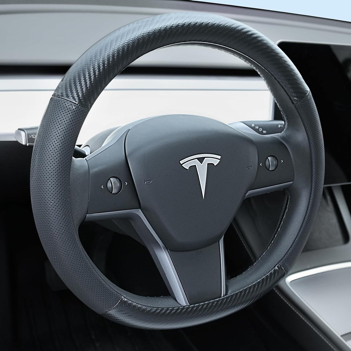 Uxcer Nappa Leather Steering Wheel Cover Compatible with Tesla Model 3/Y 2016-2025 2026 Juniper/Highland, Non-Slip Breathable Model 3/Y Steering Wheel Protector, Black