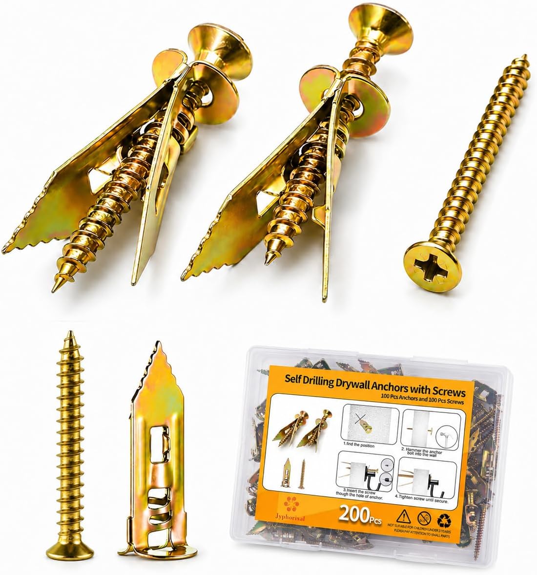 Jyphorixal 160 PCS Self Drilling Drywall Anchors with Screws Kit, Heavy Duty Metal Wall Anchors for Drywall, Sheetrock Anchors 0.47x1.18inch with Screws, No Drill Dry Wall Anchors and Screws Kit