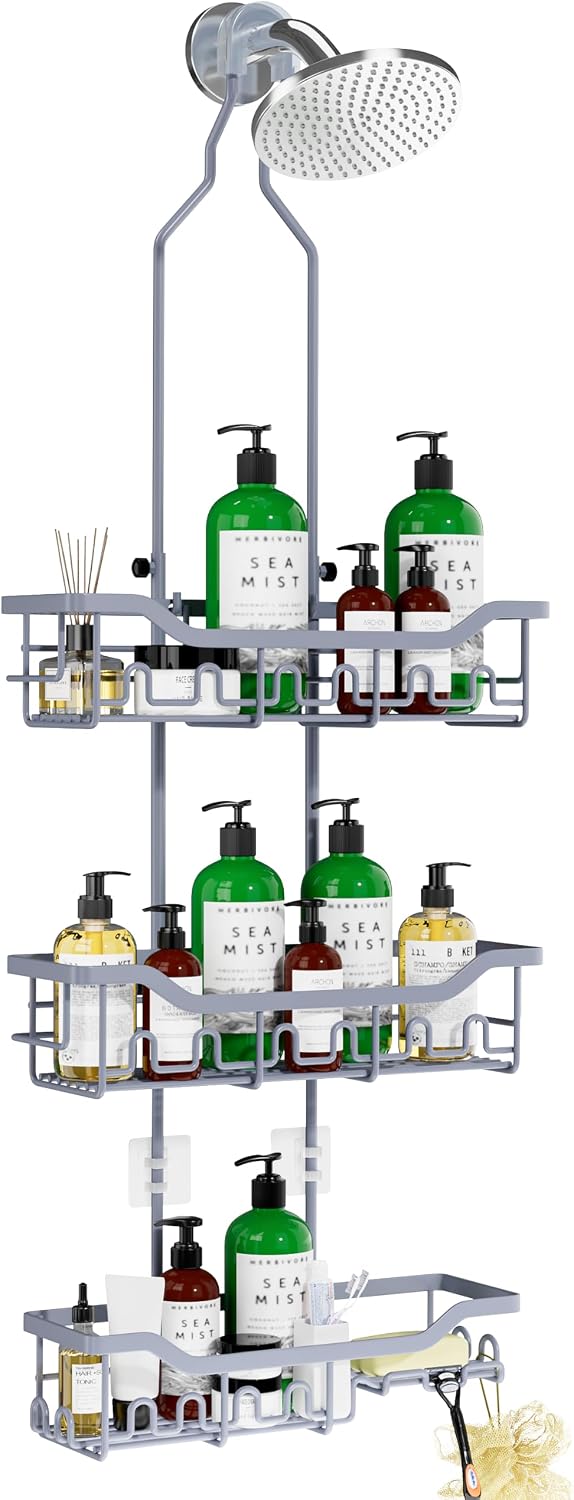 Upgraded Extended Length Shower Organizer with Hooks, Rustproof Shampoo Soap Holder, Large Hanging Bathroom Caddy
