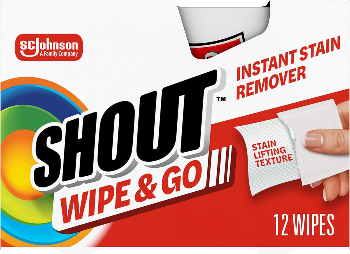 Shout Wipes, Wipe and Go Instant Stain Remover, Laundry Stain and Spot Remover for On-the-Go, 12 Wipes per Carton - Pack of 12 Cartons (144 Total Wipes)