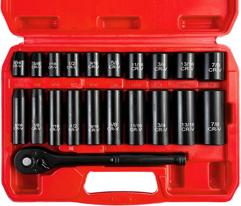 EACELIY 64pcs 3/8" Socket Set,Drive Impact Socket Set, SAE/Metric, Deep & Shallow, Cr-V Steel, 6 Point with Adapters, 72T Ratchet Handle, Extension Bars，Bit Adapter，6-24mm，5/16-1 inch