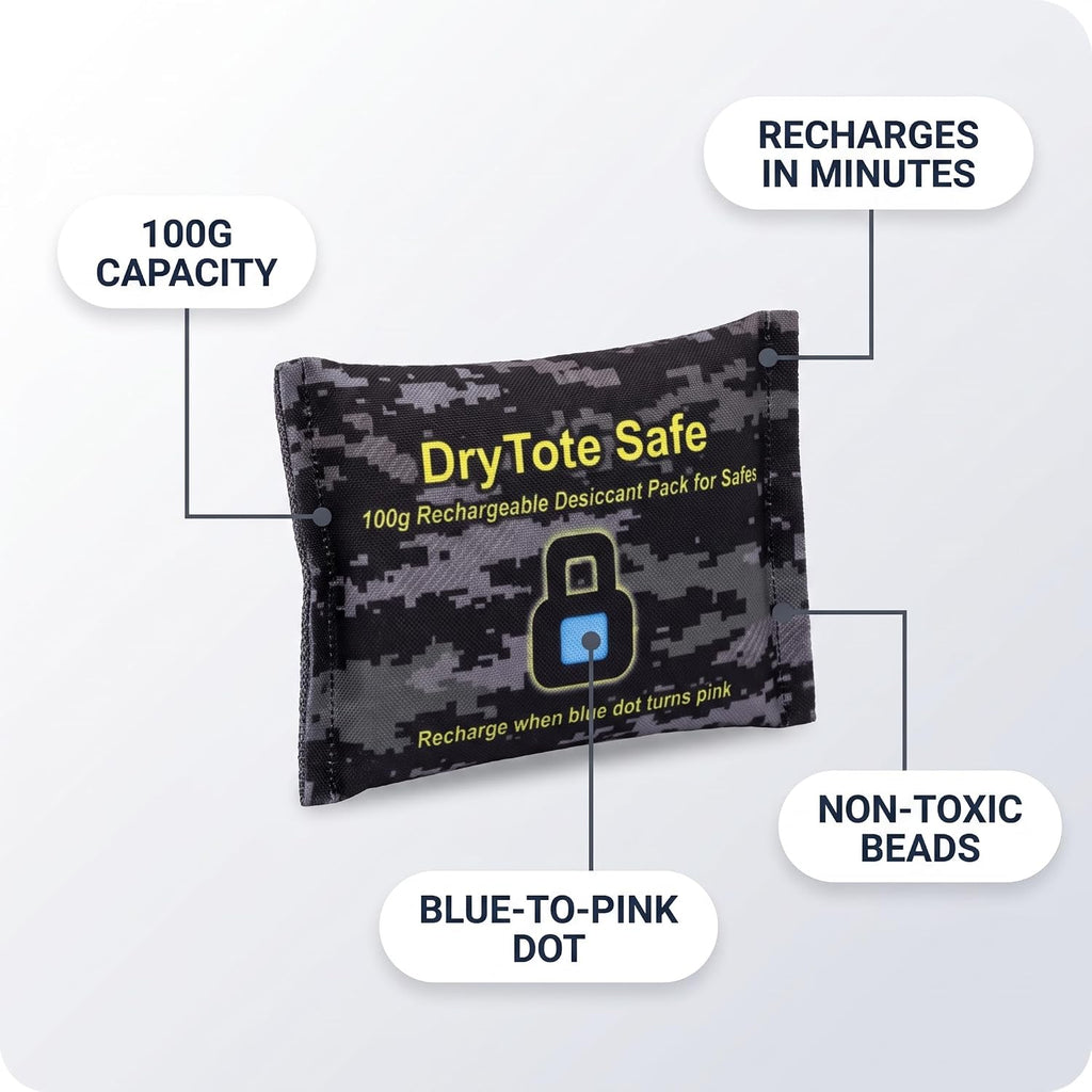 DryTote Gun Safe Dehumidifier, Rechargeable Silica Gel Desiccant Packs (5 x 100g), Color Indicating Moisture Absorber for Gun Safes, Ammo Cans, Cabinets & Valuables, Reusable, No Power Needed