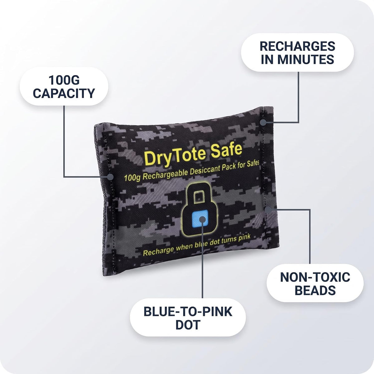 DryTote Gun Safe Dehumidifier, Rechargeable Silica Gel Desiccant Packs (5 x 100g), Color Indicating Moisture Absorber for Gun Safes, Ammo Cans, Cabinets & Valuables, Reusable, No Power Needed