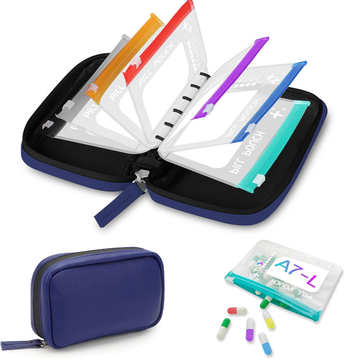 Timueetech A7 Waterproof Pill Organizer with 7 PCS L Size Zippered Pill Pouches for A7 Binder, Large BPA-Free Weekly Medicine Organizer, Color-Coded Reusable Travel Pill Storage System