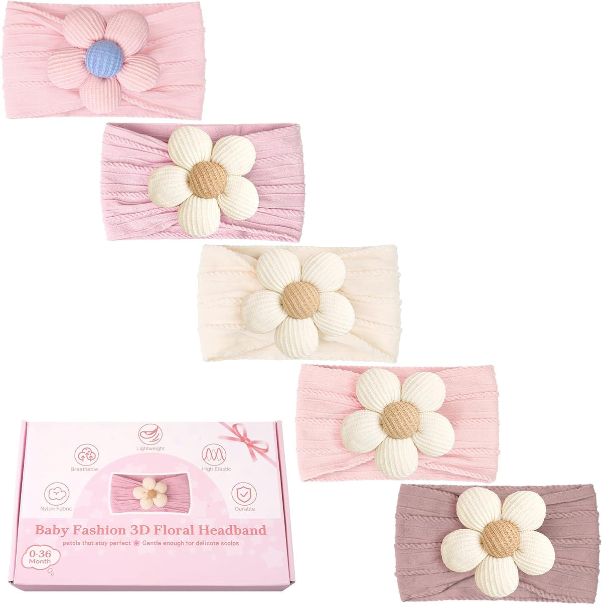 CÉLLOT 5Pcs Baby Flower Headbands Baby Girl Soft Nylon Headband for Newborn