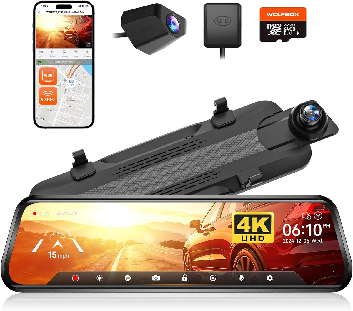 WOLFBOX G930 10'' 4K Rear View Mirror Camera with 64GB Card,5.8GHz WiFi