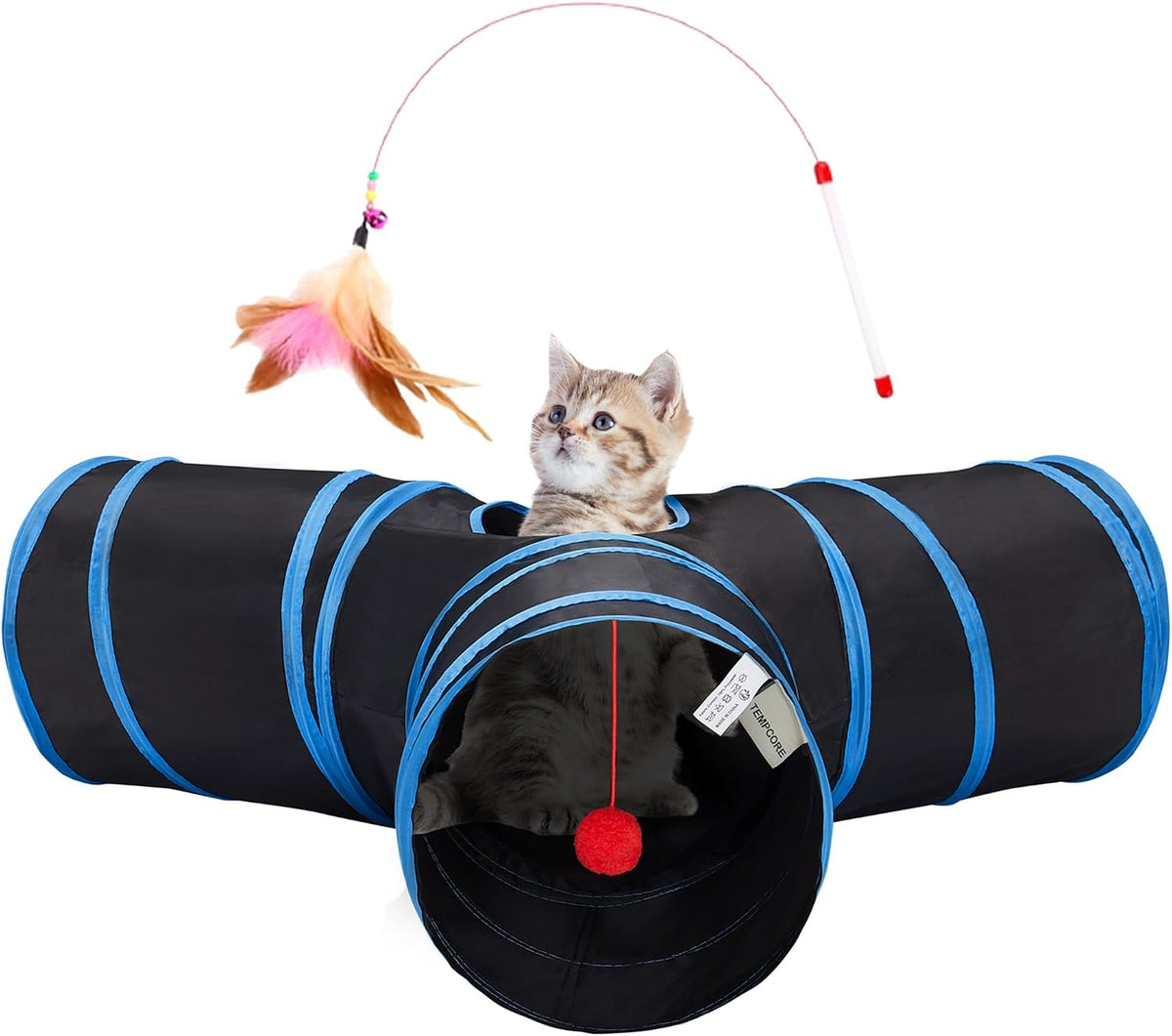 Tempcore Cat Tunnel, 3-Way Collapsible Toy for Indoor Cats, Black & Blue