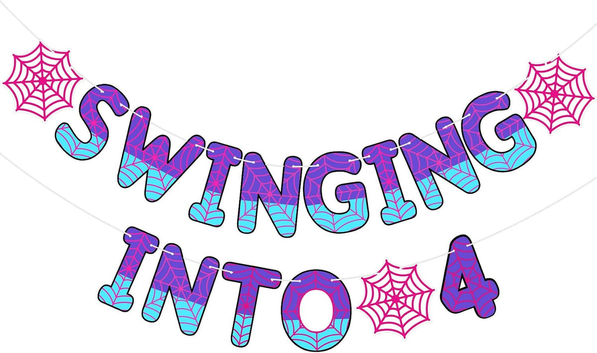 TaoBary Spider Theme 4th Birthday Banner Swinging into 4,Red and Blue
