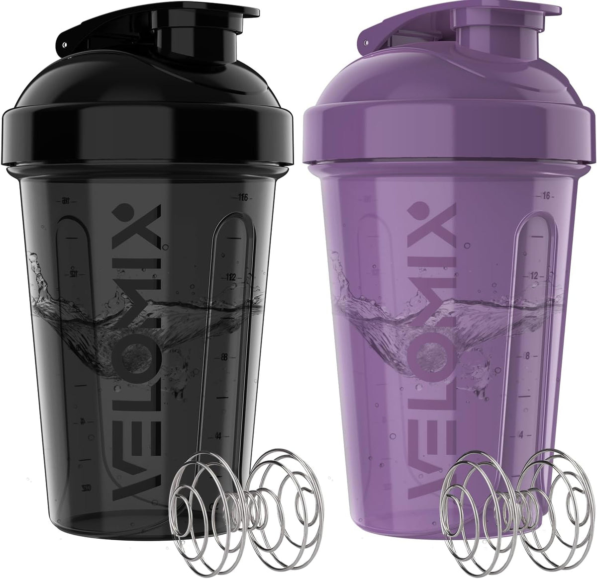VELOMIX 2 Pack 20oz Protein Shaker Bottle for Protein Mixes, Black/Transpar