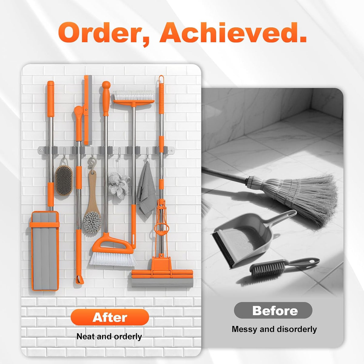 Broom Holder Wall Mount Mop Organizer, 5 Racks 4 Hooks