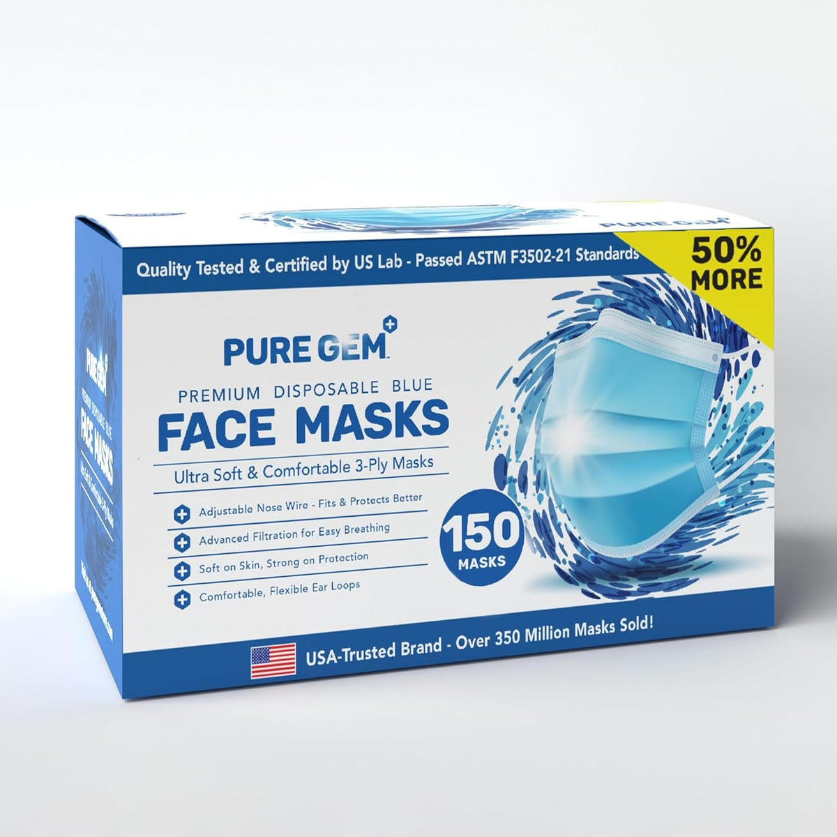 PURE GEM 150-Pack Blue Disposable Face Masks, 3-Ply, Nose Clip and Earloops