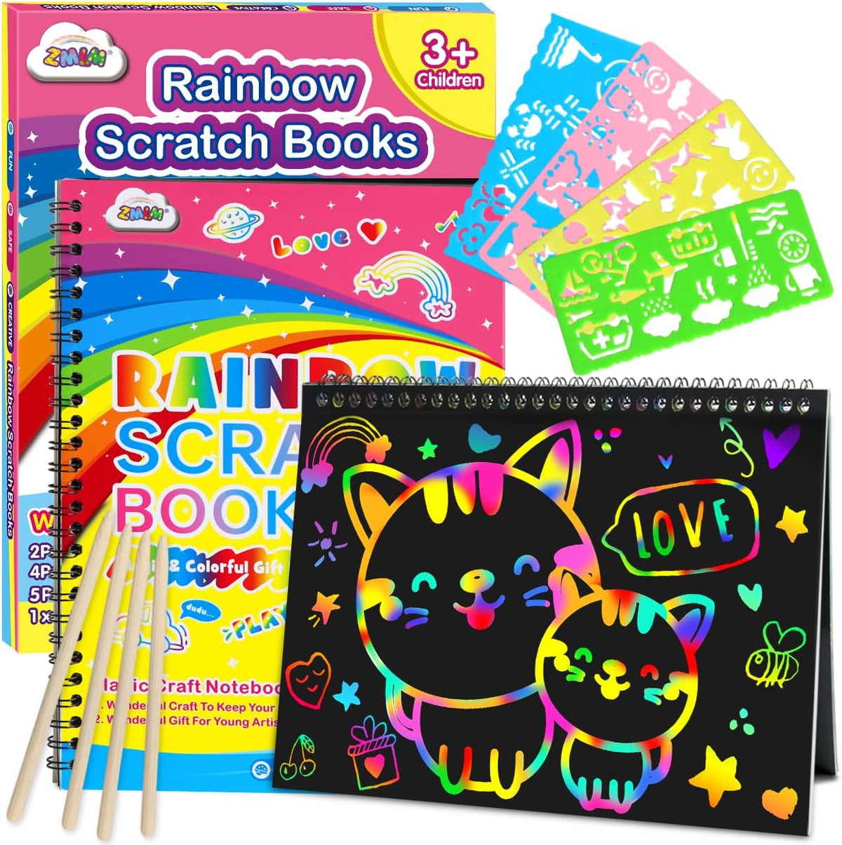 ZMLM Scratch Paper Art-Crafts Gift: 2 Pack Rainbow Notebooks Supplies Toys