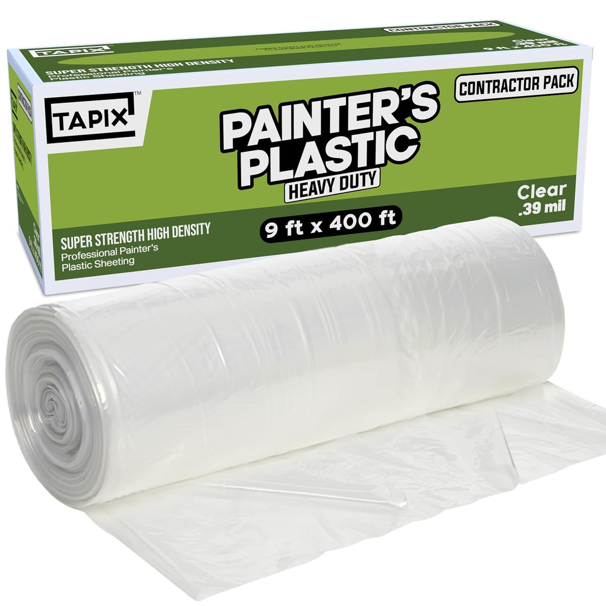 Painter's Plastic Film, 400' Length x 9' Width High, High Density Painters Plastic Sheeting Roll in Box with Dispense Hole for Easy Paint Plastic Covering