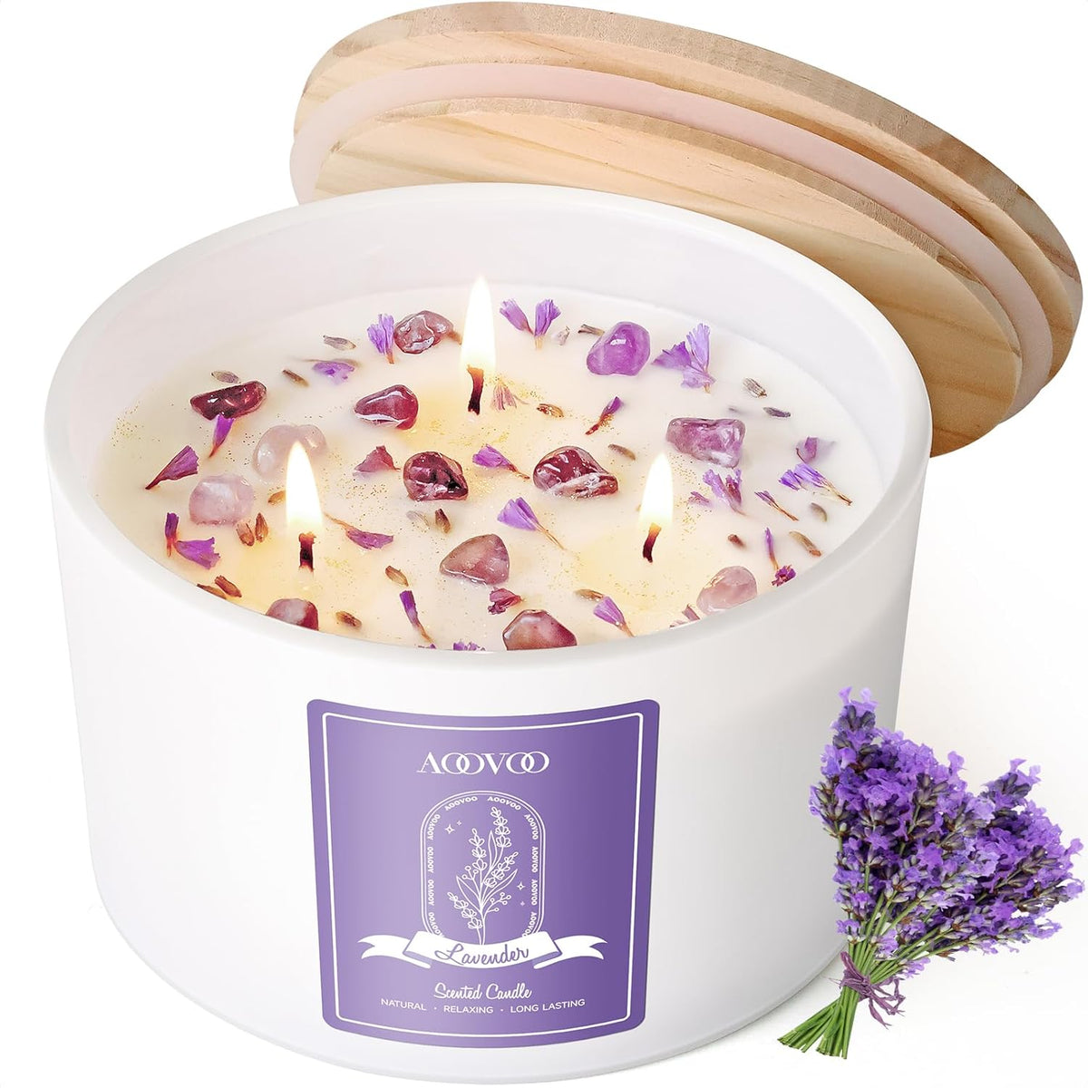 AOOVOO Lavender Scented Candles for Women - Aromatherapy Candle with Crystals Inside, 10oz Soy Candles for Home Scented, Birthday Gifts Mothers Day Candle for Women Mom