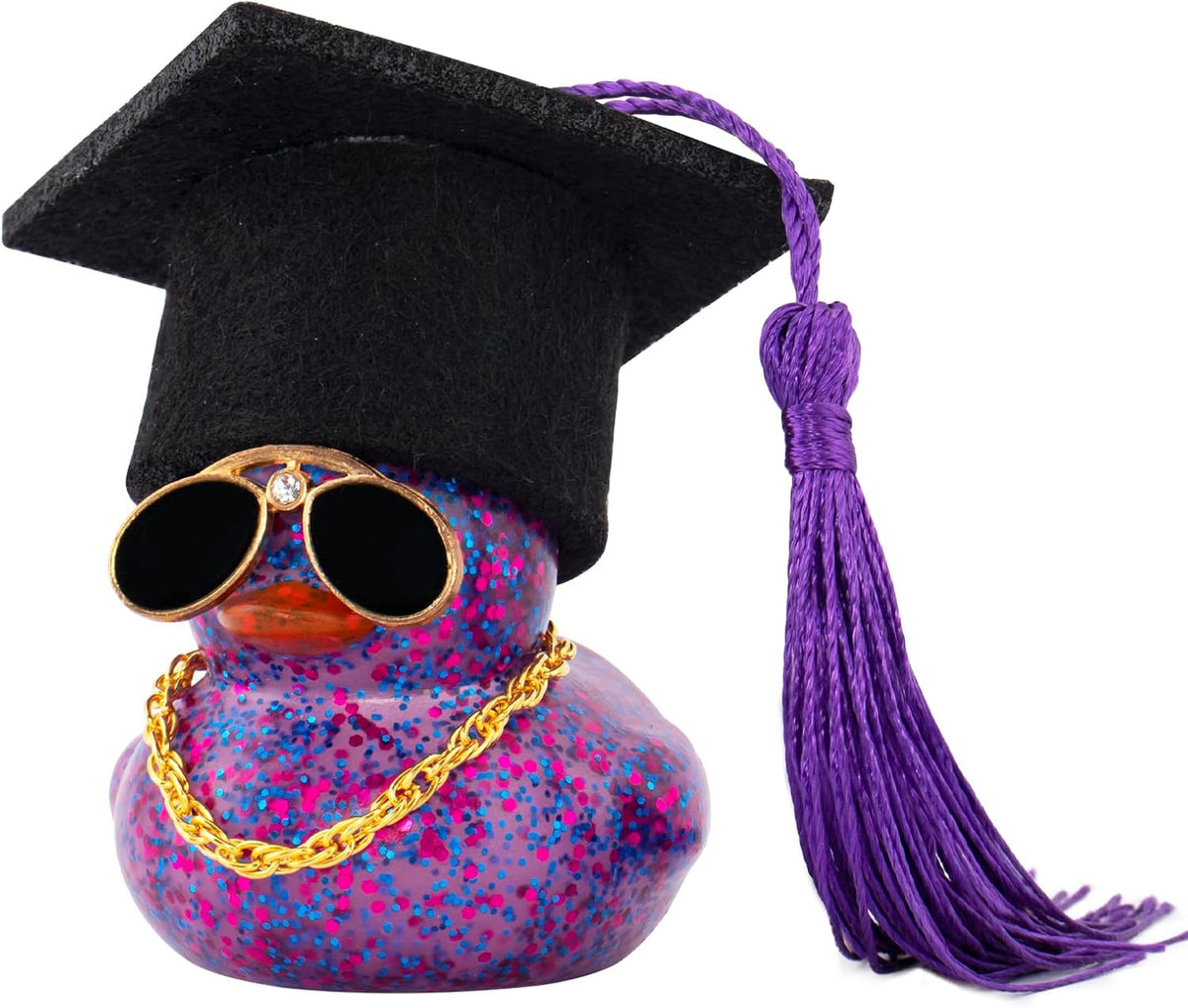 wonuu Car Dashboard Decor Graduation Hat Color Rubber Duck, Car Ducks Ornaments with Mini Graduation Hat Necklace Sunglasses (Gold)