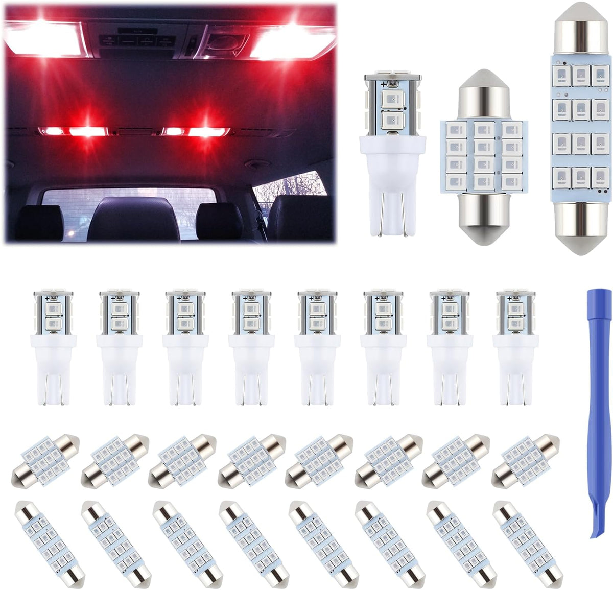 iFunyLED 24 Pieces Dome Light LED Car Interior Bulb Kit Set 194 T10 DE3175 578 31mm 42mm Bulbs Interior Replacement Lights for Car Map License Plate Door Side Marker Cornering Trunk Light - White