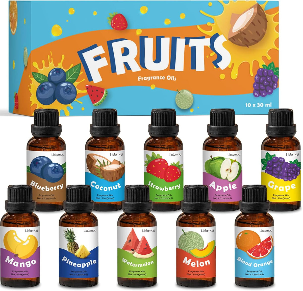 Fruity Fragrance Oil, Holamay Premium Fruit Essential Oils for Diffuser, Candle Soap Making Scents, 10x5ml, Coconut, Strawberry, Mango, Pineapple, More Home Diffusers Oil Scents, Summer Oils Gift Set