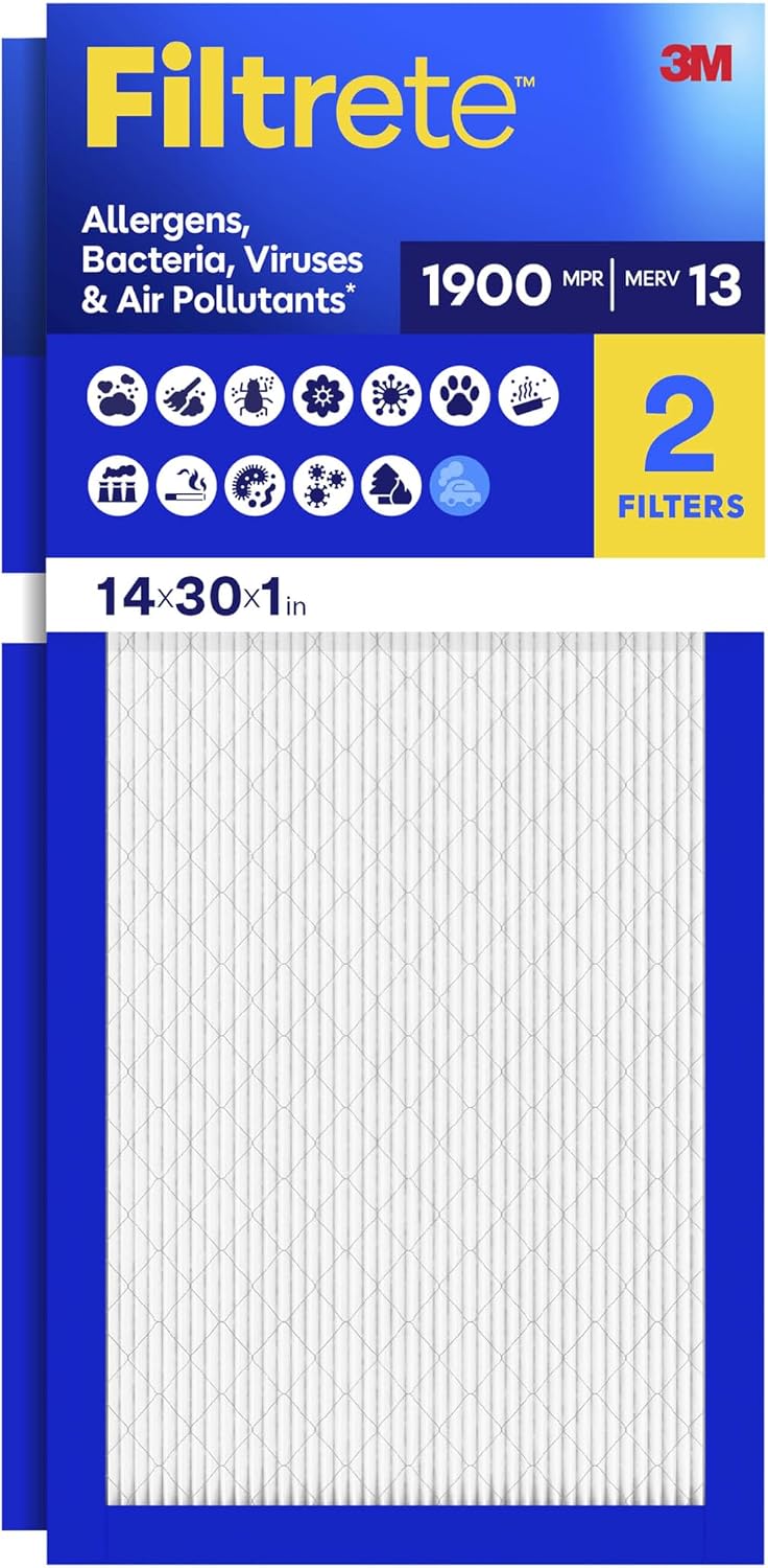 Filtrete 16x25x1 Air Filter, MERV 13 MPR 1900, Allergens, Bacteria, Viruses & Air Pollutants, 3-Month AC/Furnace Filters, Cleaner Air Reliable Airflow, 2 HVAC Filters(Act Size 15.62x24.62x0.78 in)