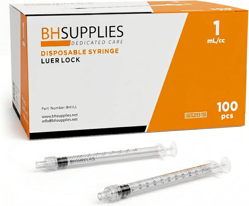 BH Supplies 1ml Luer Lock Tip Syringes (No Needle) - Sterile, Individually Wrapped - 100 Syringes