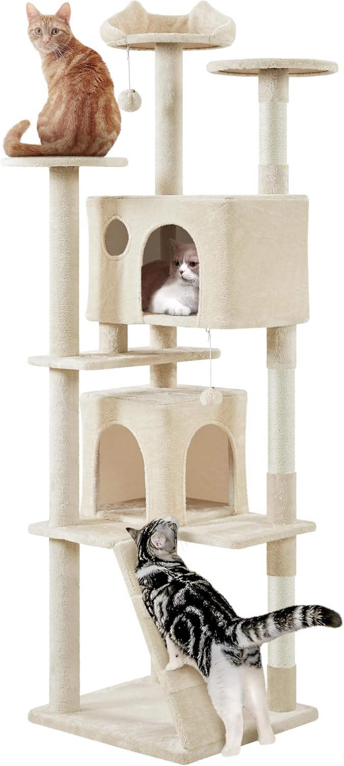 Yaheetech 54in Cat Tree Tower, 2 Caves, Kitten-Ear Perch & Scratching Posts