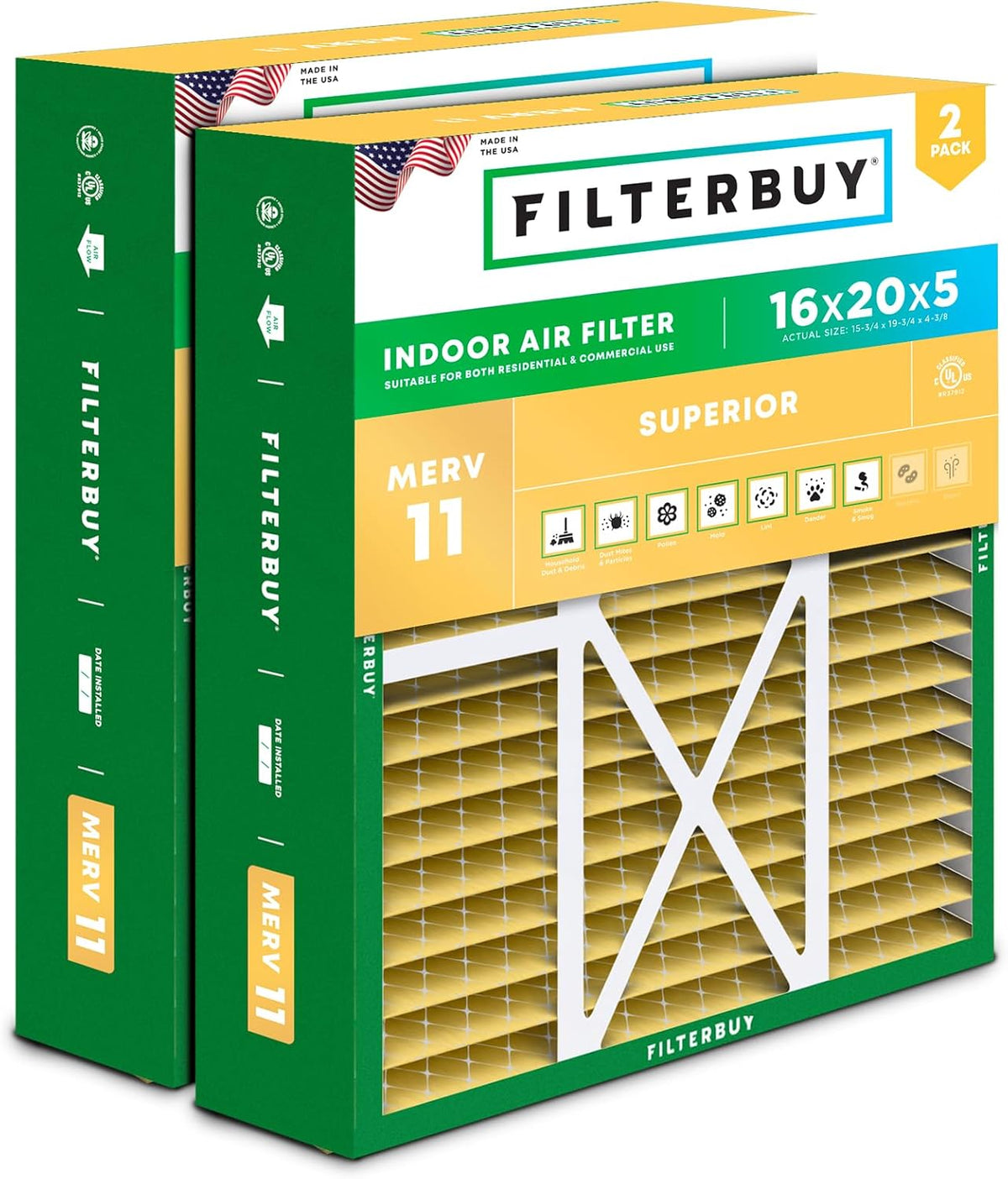 Filterbuy 20x25x5 Air Filter MERV 11 Pet & Allergy Defense (2-Pack)