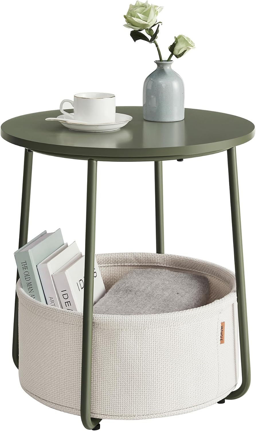 VASAGLE Small Round Side End Table, Small Nightstand with Fabric Basket