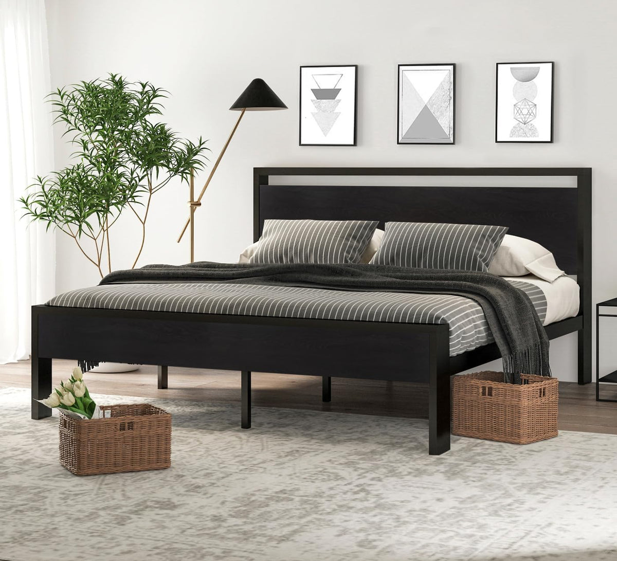 SHA CERLIN Full Size Bed Frame, Wooden Headboard and Footboard, Black Oak