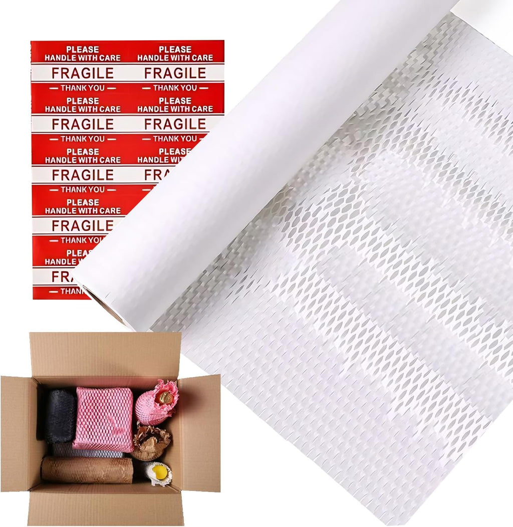Honeycomb Packing Paper,12 inch x 200 ft Bubble Cushioning Wrap for Packing Moving,Products Gifts Wrapping Paper,Recyclable and Biodegradable Shipping Packing Materials with 20 Fragile Sticker Labels