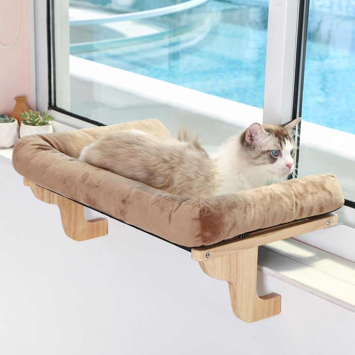Zakkart Cat Perch for Windowsill with Bolsters (Natural Wood/Gray, L)